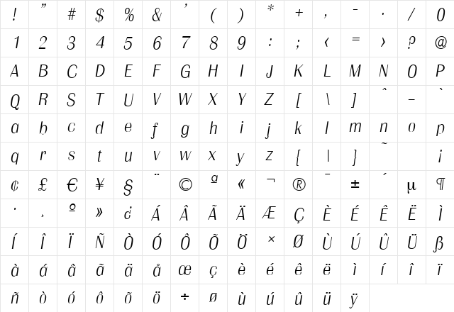 GrenobleSerial-Xlight Italic  glyph index