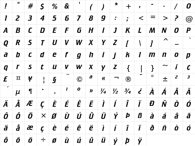 Crillee Italic  glyph index