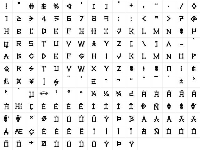 xBONES Bold Bold  glyph index