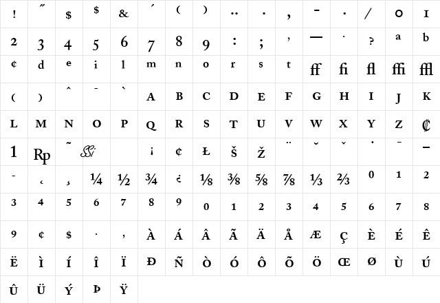Caslon Pro SSi Semi Bold  glyph index
