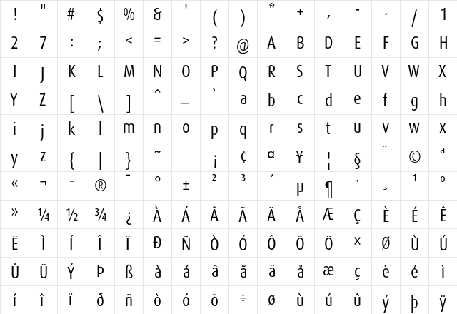 DaxOT CondRegular  glyph index