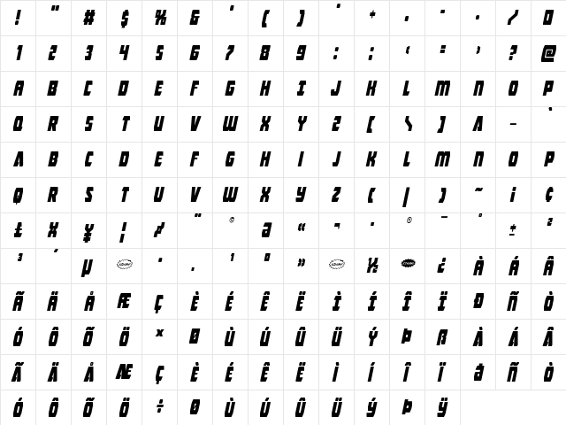 Intergalactic Condensed Italic Condensed Italic  glyph index