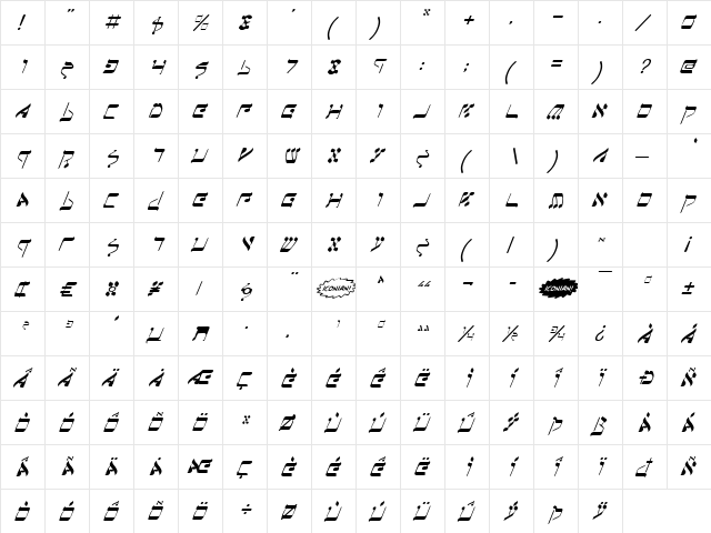 Jerusalem Italic Italic  glyph index