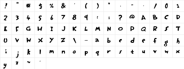Hasty Pudding Regular  glyph index