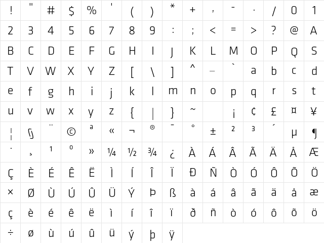 Klavika Light Plain  glyph index
