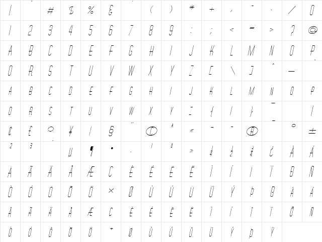 Wire-Extended Italic  glyph index