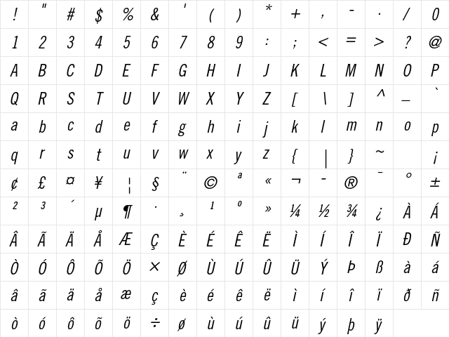 Trade Gothic LT Std Condensed No. 18 Oblique  glyph index