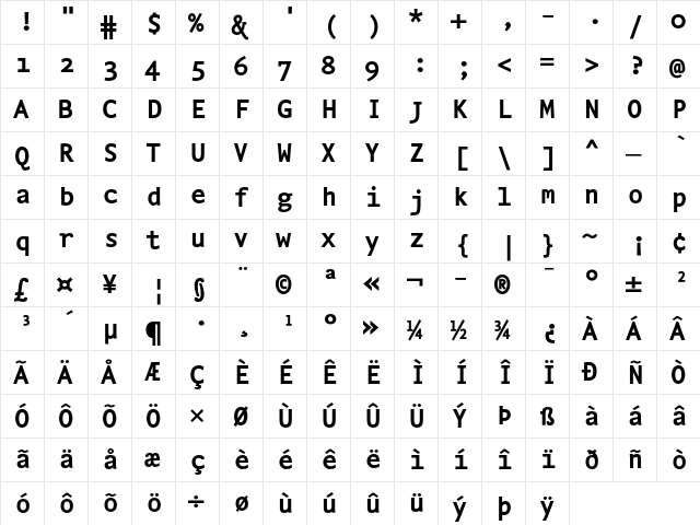 NexusTypewriter-Bold Regular  glyph index