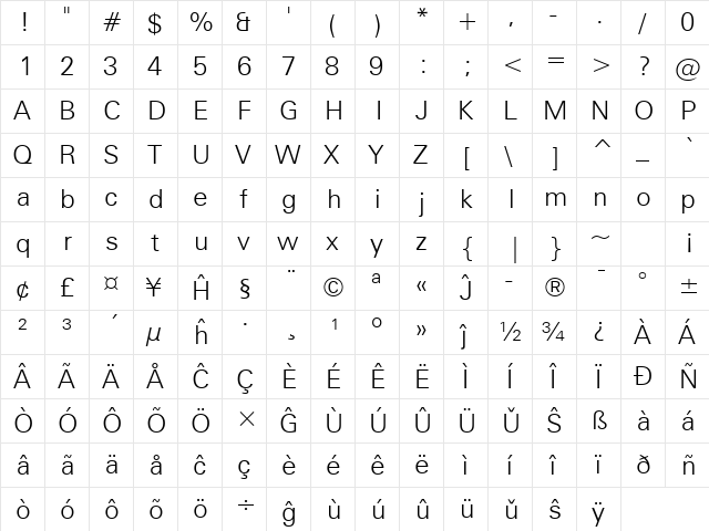 Zurich Eo Light  glyph index
