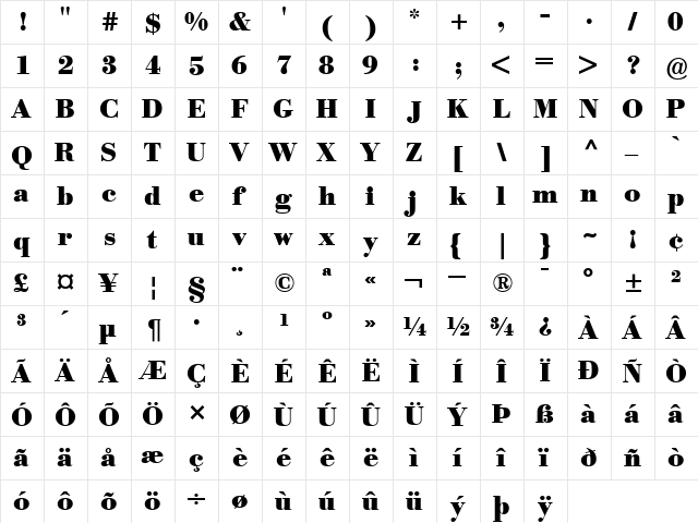 BodoniBE Bold  glyph index
