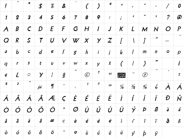 Hollywood Italic  glyph index