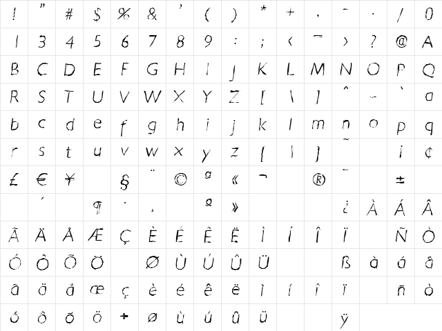 DavidBeckerRandom-Xlight Italic  glyph index