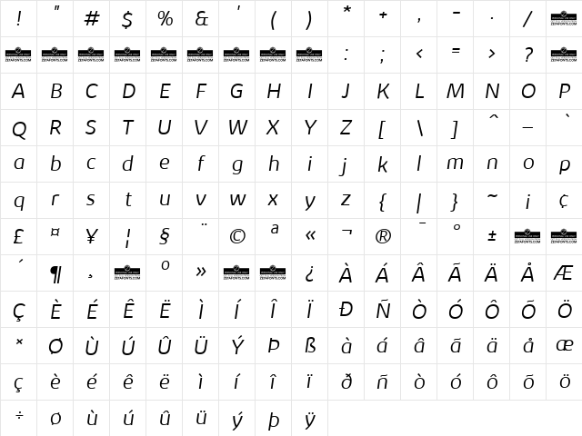 Kabrio Light Italic  glyph index