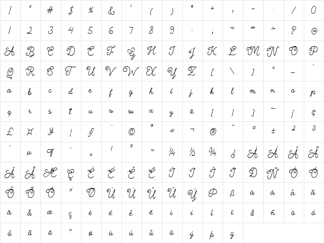 Nyckelpiga Regular  glyph index