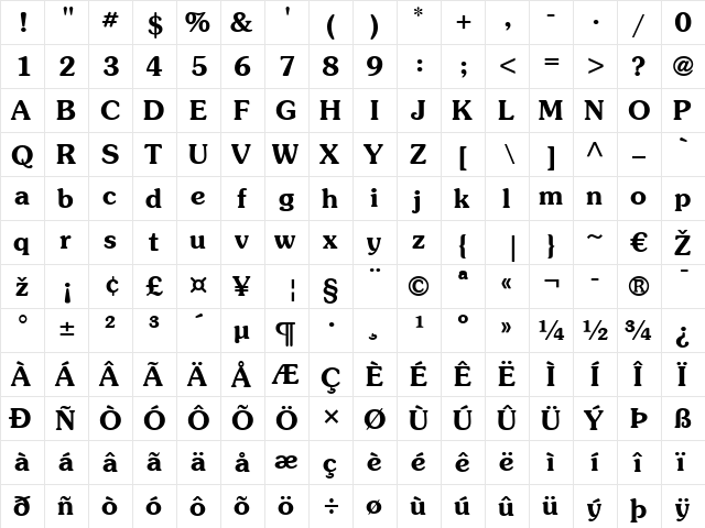 Souvenir LT Bold  glyph index