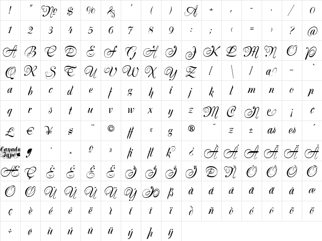 Silk Script Regular  glyph index