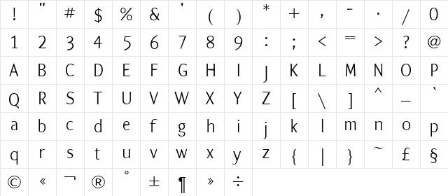 ArtemiusSans Light Regular  glyph index