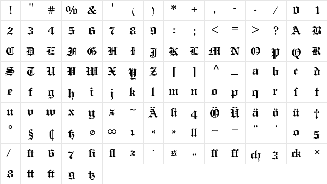 Engravers Old English BQ Regular  glyph index