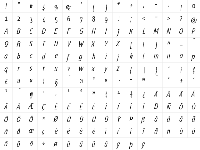 Fontana ND Aa OsF LightItalic  glyph index