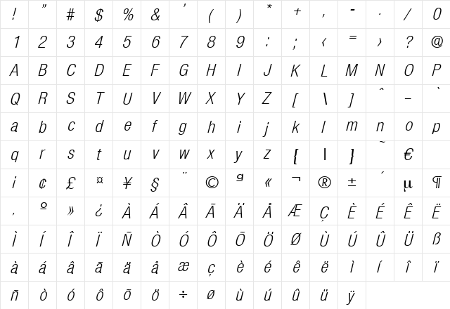 Olnova-RegularCondIta Regular  glyph index
