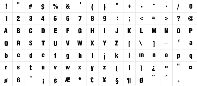 Helvetica-Condensed-Black-Se Regular  glyph index