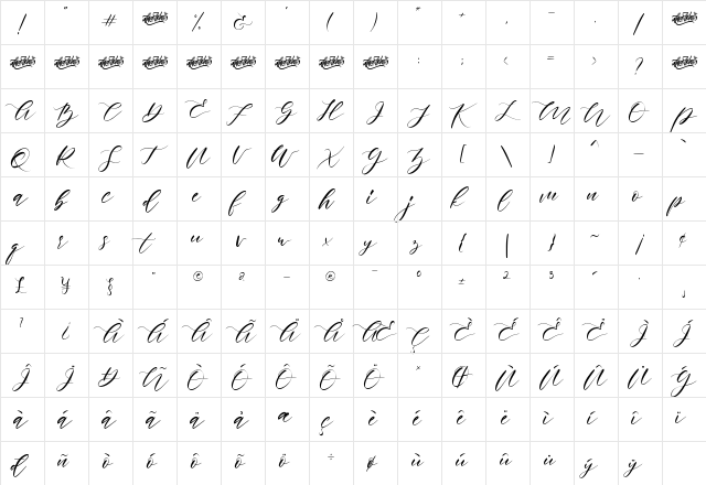 Rosadetta Regular  glyph index