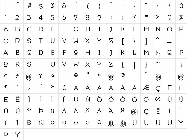 TypefaceSeven Regular  glyph index