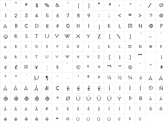 Avalon Quest Regular  glyph index