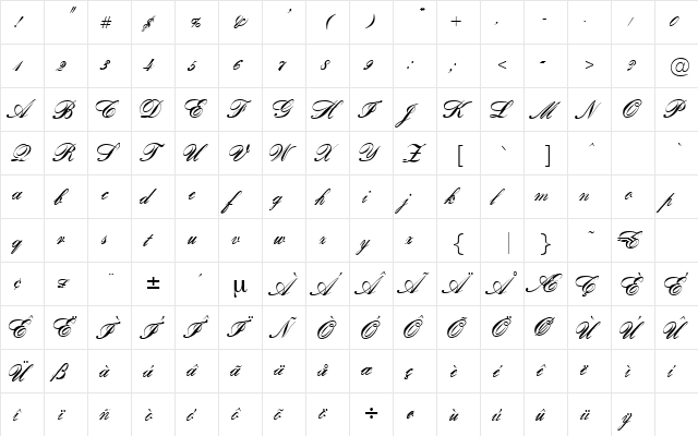 Romance Regular  glyph index