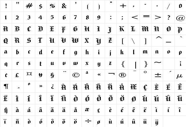 Gothic 32 Extended Normal  glyph index