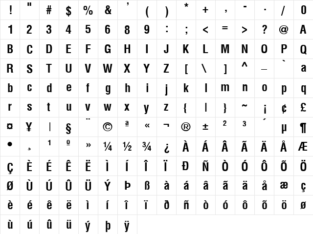 SwitzerlandCondensed Bold  glyph index