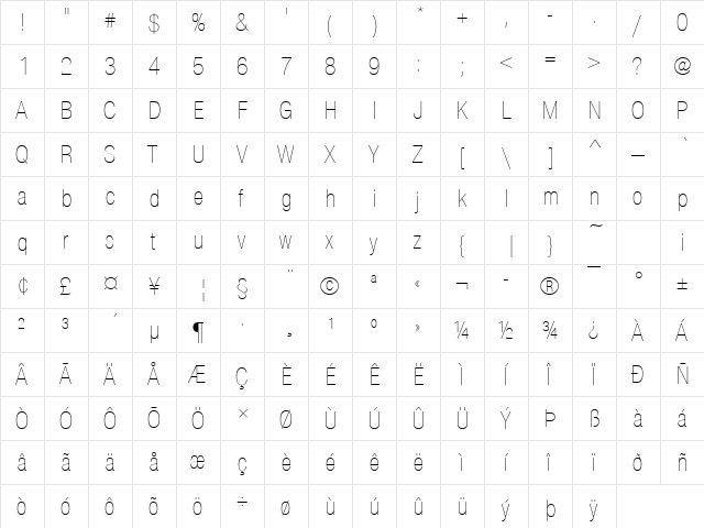 NimbusSanNovDUltLigCon Regular  glyph index