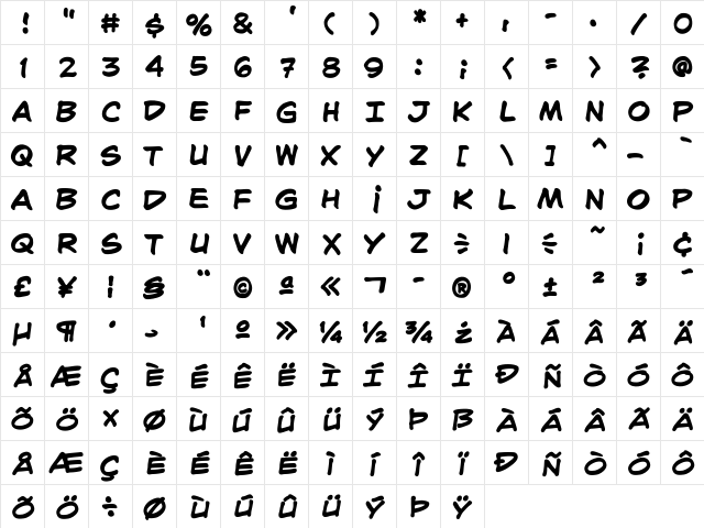 John Doe Bold  glyph index