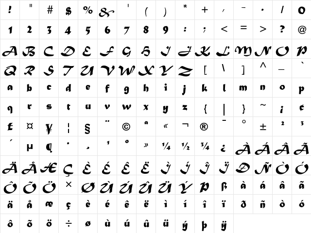 Matura MT Script Capitals  glyph index