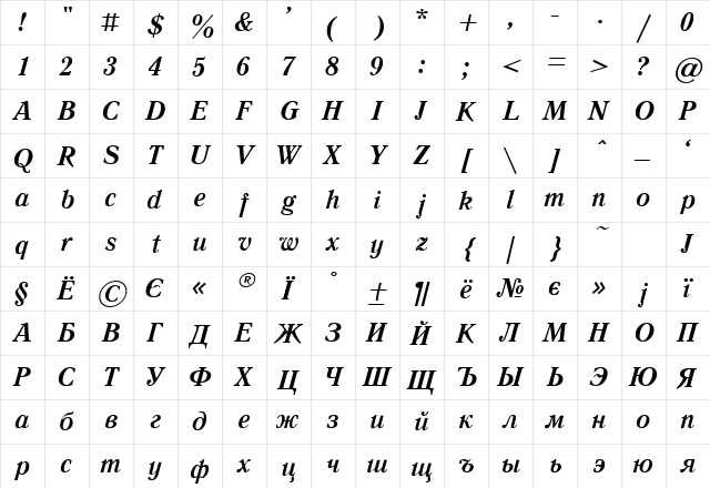 LiteraturnayaC BoldItalic  glyph index