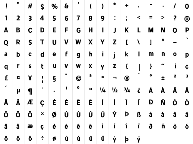 Mollen Personal Use Narrow Bold  glyph index