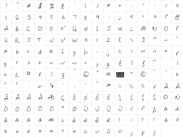 JodysHand Regular  glyph index