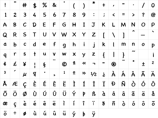 Chalkboard SE Regular  glyph index