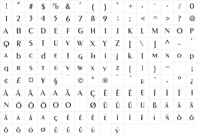 Metro Regular  glyph index
