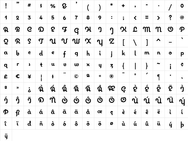 Coquette Bold Regular  glyph index