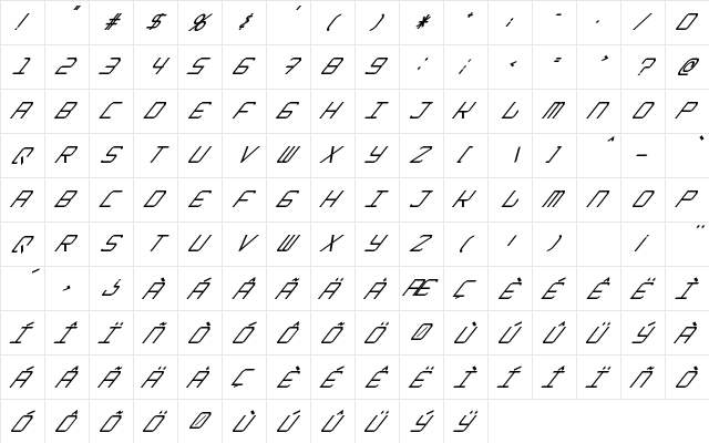 EpicenterItalic Regular  glyph index