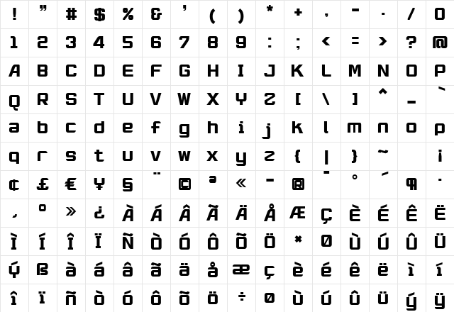 RobustikBold Regular  glyph index