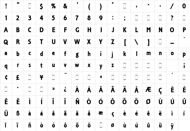 Corinthian Bold Condensed Regular  glyph index