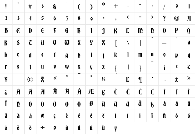 Bradley Regular  glyph index