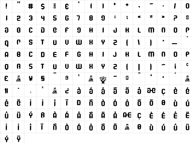 Dixie Regular  glyph index