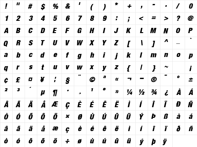 ContextRepriseBlackCondSSK Bold Italic  glyph index