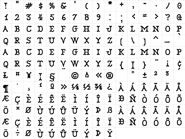 Robinne Regular  glyph index