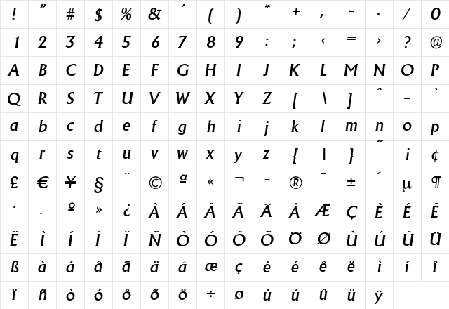 JacobBecker-Medium Italic  glyph index