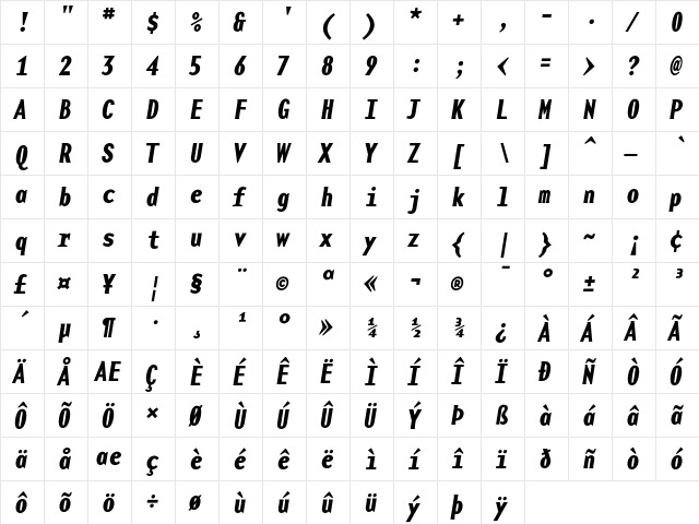 BaseMono NarrowBoldItalic  glyph index