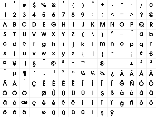 TR Avalon Bold  glyph index